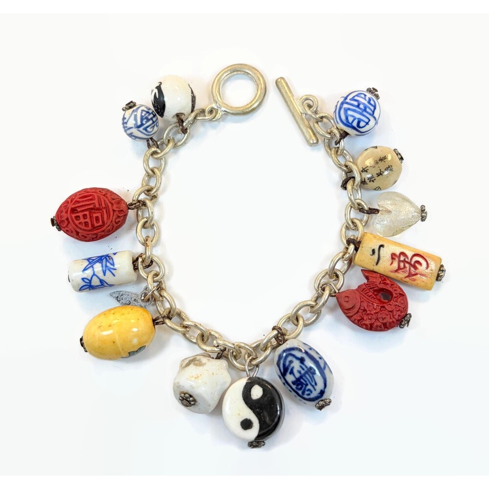 Vintage Charm Bracelet, Asian Motif, Lucky Cat, Cinnabar, Porcelain Silver Tone
